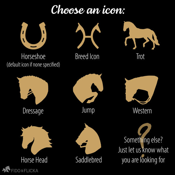 Collection of custom horse icons for Fido & Flicka’s personalized wood stall signs — elegant, essence-capturing silhouettes designed to represent each horse’s unique spirit