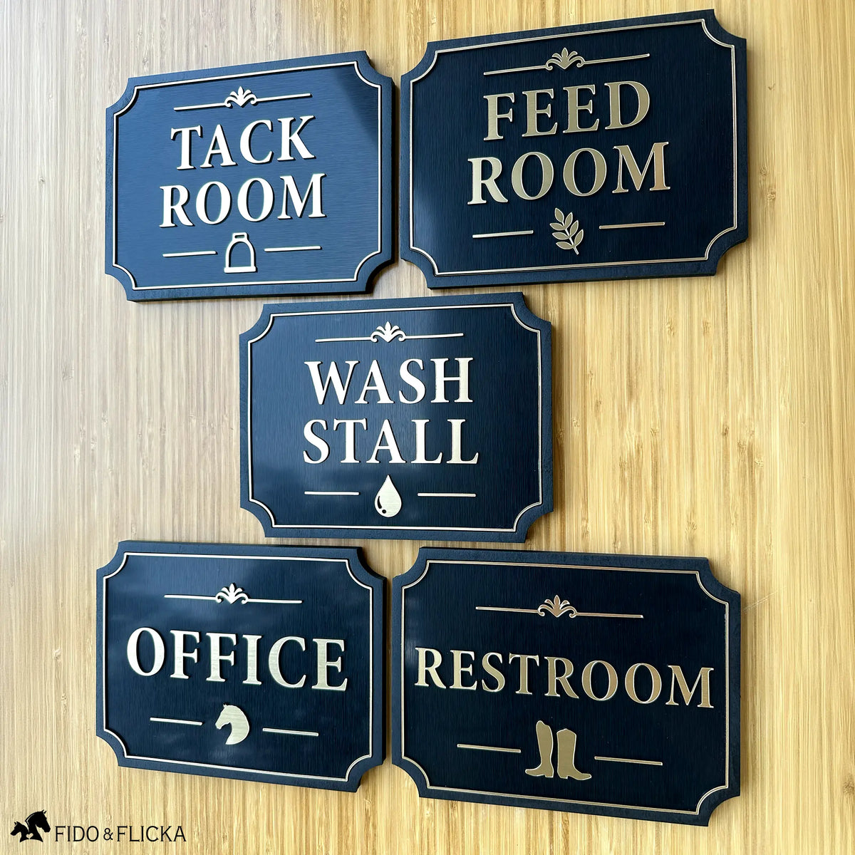 A Coordinated Collection for Your Barn
Create a cohesive, elevated look throughout your barn with custom signs for the Tack Room, Feed Room, Wash Stall, Office, Restroom, and more. Each sign is made to coordinate beautifully while giving every space its own identity.