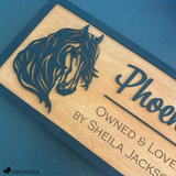 layered wood horse stall name plate with horse head illustration long flowing mane with owners name and horses name