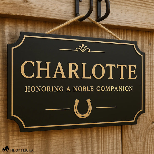 Custom horse stall sign in layered Baltic birch wood with gold on black finish, personalized name plaque with horseshoe design hanging on barn door.