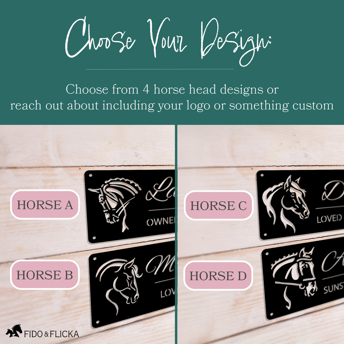 choose your design of contemporary stall name plate horse heads