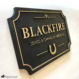Black and gold horse name stall sign with 'BLACKFIRE' and 'LOVED & OWNED BY MICHELLE' on a white background.