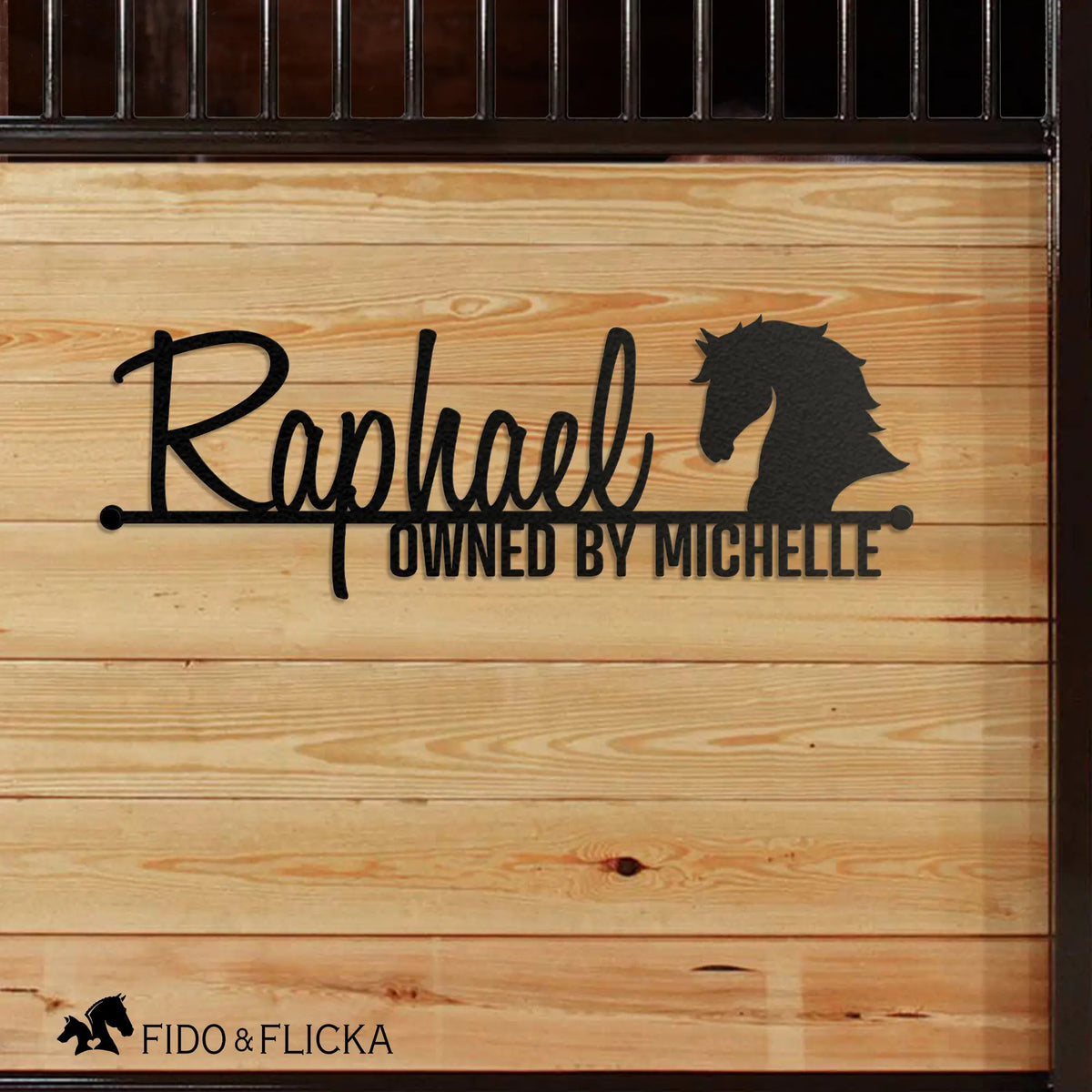 Personalized metal horse stall sign with custom name and horse head design, modern barn décor by Fido & Flicka