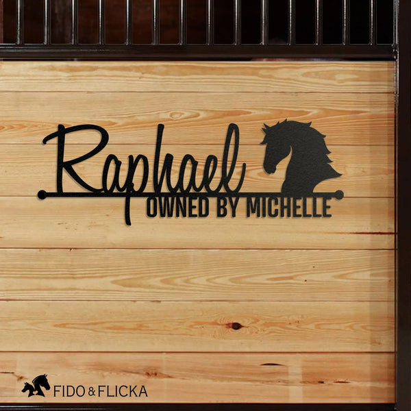 Personalized metal horse stall sign with custom name and horse head design, modern barn décor by Fido & Flicka