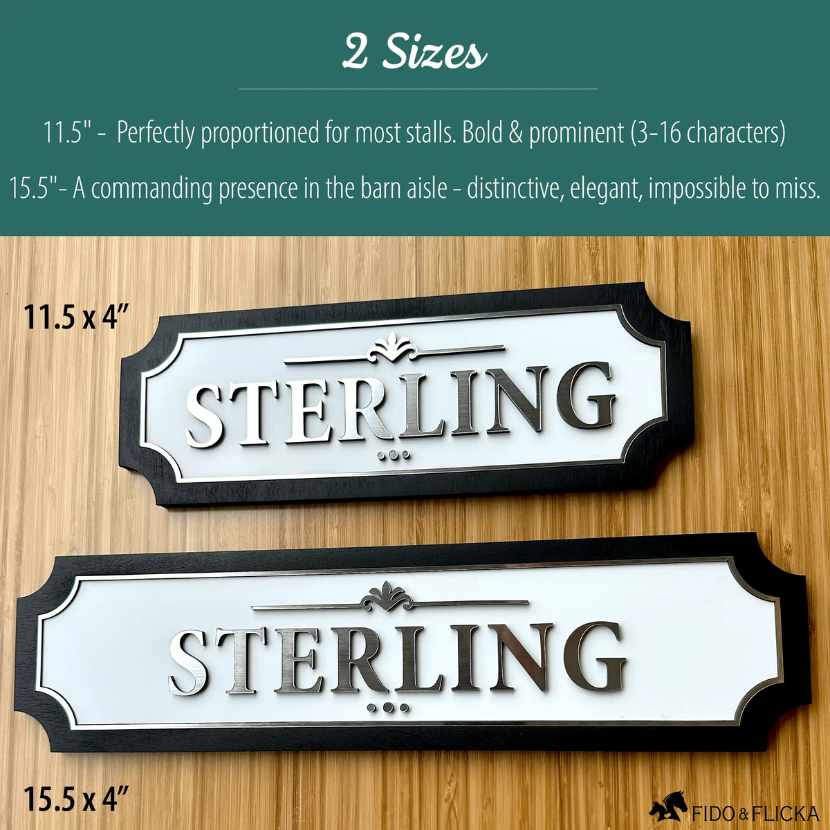 Personalized brushed-silver horse stall name sign on white with a black wood frame, shown in two sizes — 11.5″ × 4″ Standard and 15.5″ × 4″ Extended — both reading "Sterling"
