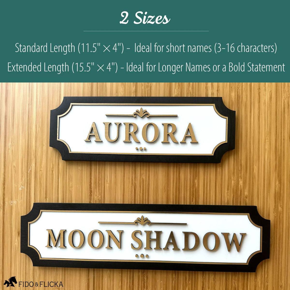 Custom wood and acrylic horse stall name plates shown in standard and extended sizes, ideal for short and long horse names with elegant raised gold lettering.