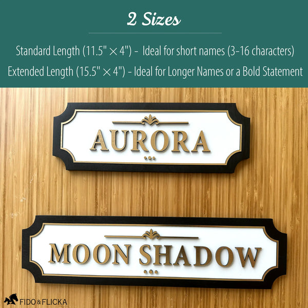Custom wood and acrylic horse stall name plates shown in standard and extended sizes, ideal for short and long horse names with elegant raised gold lettering.