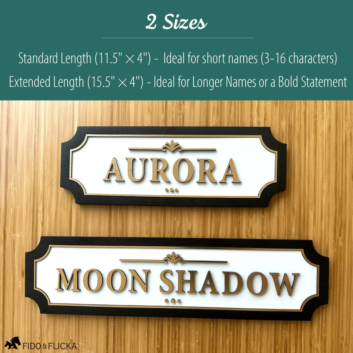 Custom wood and acrylic horse stall name plates shown in standard and extended sizes, ideal for short and long horse names with elegant raised gold lettering.