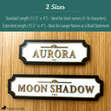 Custom wood and acrylic horse stall name plates shown in standard and extended sizes, ideal for short and long horse names with elegant raised gold lettering.
