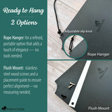 Instruction graphic showing two hanging options for the sign: a rope hanger with an adjustable slip knot and a flush mount system with stainless steel screws and an alignment strip.