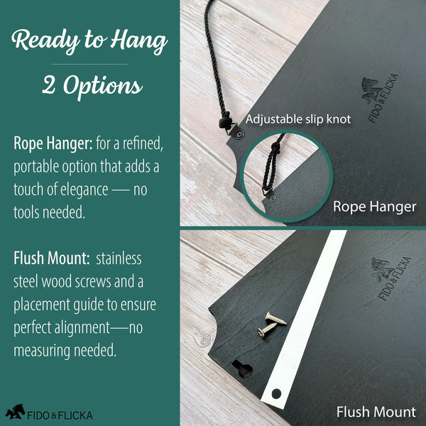 Instruction graphic showing two hanging options for the sign: a rope hanger with an adjustable slip knot and a flush mount system with stainless steel screws and an alignment strip.