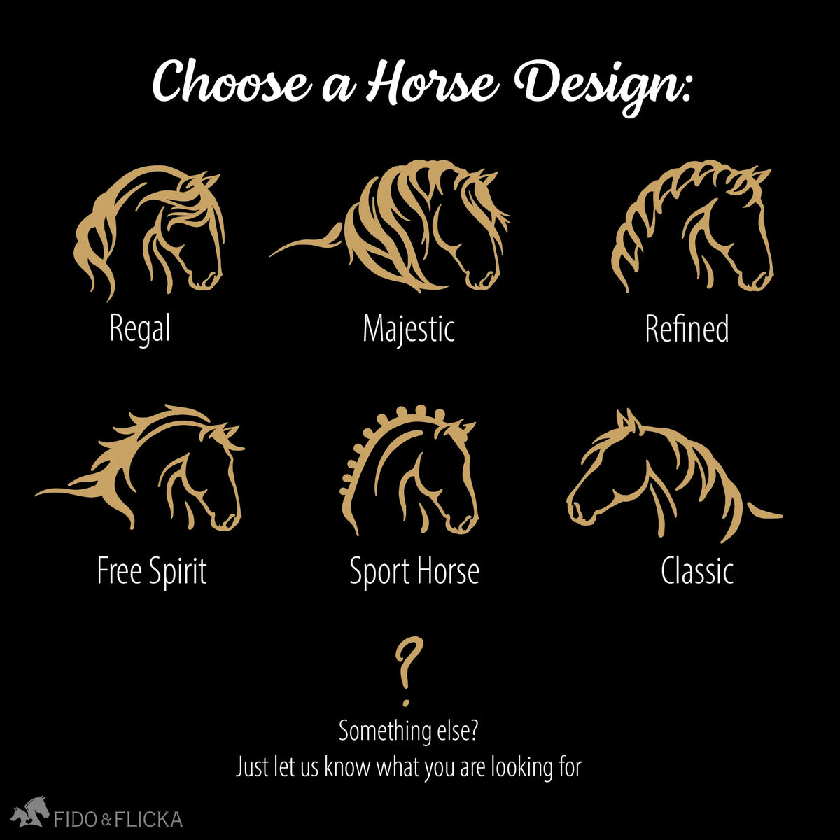 Selection guide showing six horse silhouette designs for personalization on a custom horse stall sign, labeled Regal, Majestic, Refined, Free Spirit, Sport Horse, and Classic.