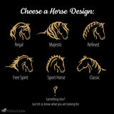 Selection guide showing six horse silhouette designs for personalization on a custom horse stall sign, labeled Regal, Majestic, Refined, Free Spirit, Sport Horse, and Classic.