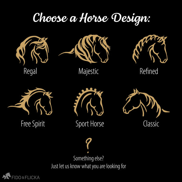 Selection guide showing six horse silhouette designs for personalization on a custom horse stall sign, labeled Regal, Majestic, Refined, Free Spirit, Sport Horse, and Classic.