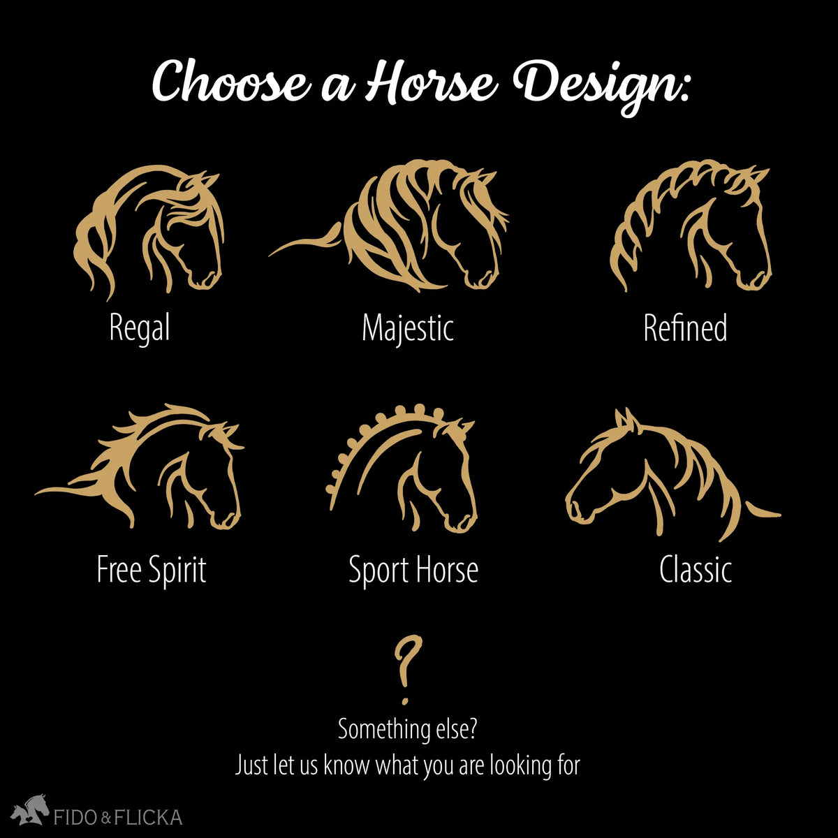Selection guide showing six horse silhouette designs for personalization on a custom horse stall sign, labeled Regal, Majestic, Refined, Free Spirit, Sport Horse, and Classic.