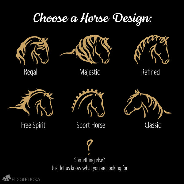 Selection guide showing six horse silhouette designs for personalization on a custom horse stall sign, labeled Regal, Majestic, Refined, Free Spirit, Sport Horse, and Classic.