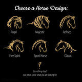 Selection guide showing six horse silhouette designs for personalization on a custom horse stall sign, labeled Regal, Majestic, Refined, Free Spirit, Sport Horse, and Classic.
