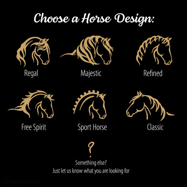 Selection guide showing six horse silhouette designs for personalization on a custom horse stall sign, labeled Regal, Majestic, Refined, Free Spirit, Sport Horse, and Classic.