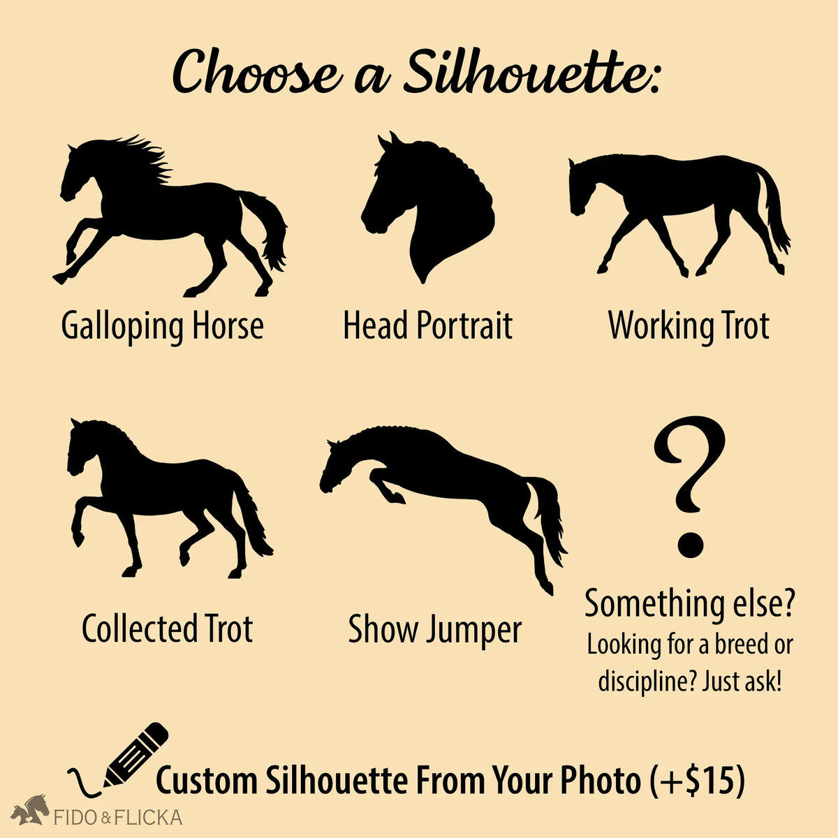 Silhouette selection graphic showing five included horse silhouettes—Galloping Horse, Head Portrait, Working Trot, Collected Trot, and Show Jumper—plus an icon indicating additional breed or discipline silhouettes available, and an option for a custom silhouette from your photo for an extra fee