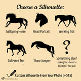 Silhouette selection graphic showing five included horse silhouettes—Galloping Horse, Head Portrait, Working Trot, Collected Trot, and Show Jumper—plus an icon indicating additional breed or discipline silhouettes available, and an option for a custom silhouette from your photo for an extra fee