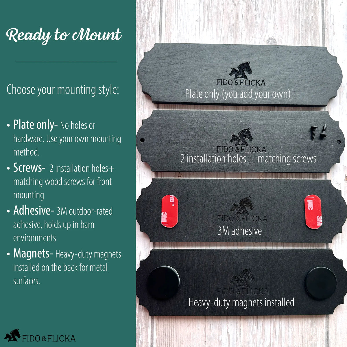 "Ready to Mount" graphic showing four black horse nameplates with mounting options: plate only with no hardware, two installation holes with matching screws, 3M adhesive strips, and heavy-duty magnets installed on the back.
