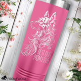 pink steel drink tumbler engraved with German shepherd art and personalized with best dog mom ever