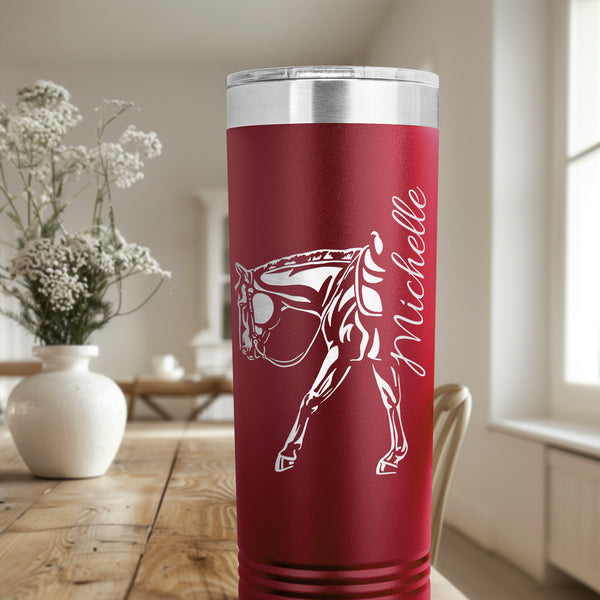 personalized tumbler with rider name on stainless steel western horse