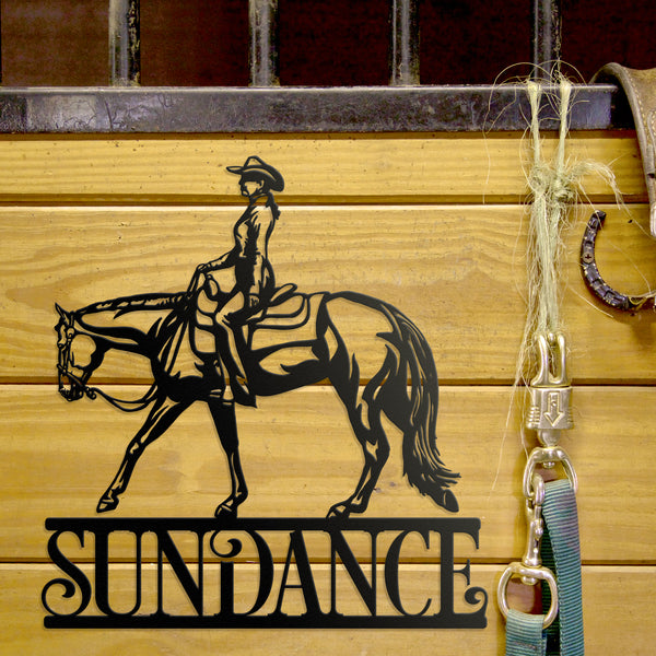 western horse name plate on barn stall 
