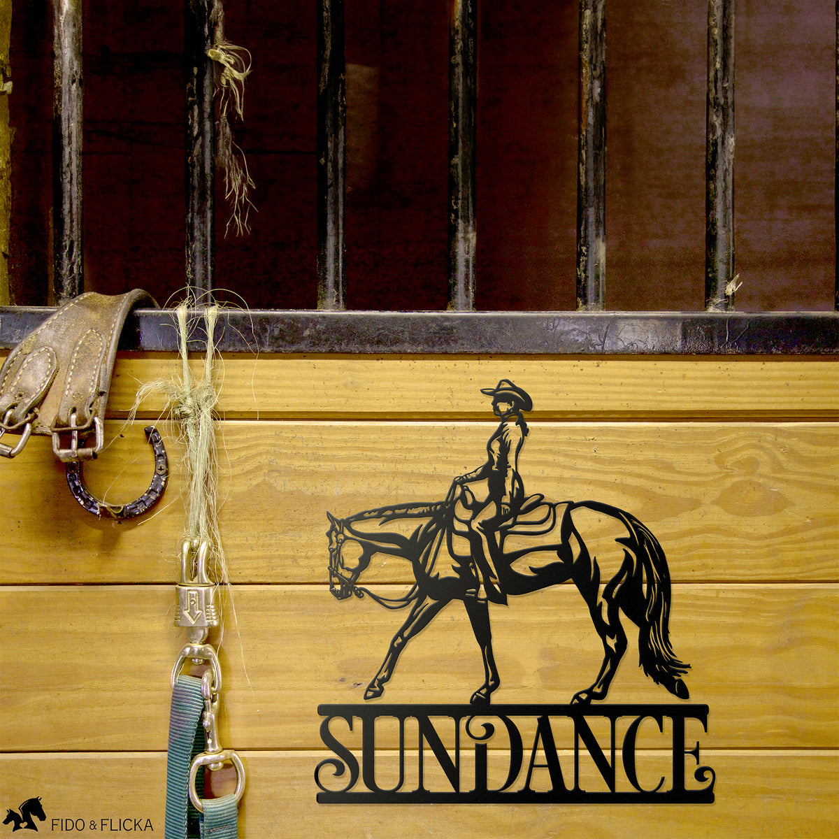 western pleasure horse stall name plate in barn