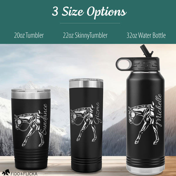 3 sizes for the personalized tumblers with engraved name and western horse