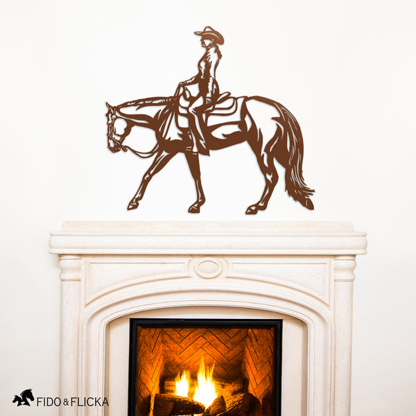 copper western pleasure horse wall art over fireplace
