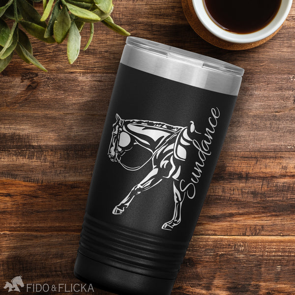 western horse personalized stainless steel engraved tumbler with coffee