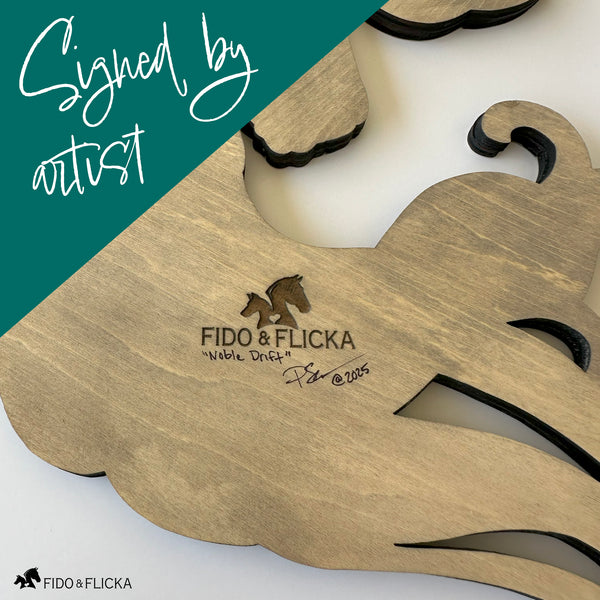 Back of Noble Drift wooden horse wall art by Fido & Flicka, showing artist’s signature and engraved logo for authenticity