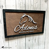 Close-up angled view of a custom horse stall nameplate by Fido & Flicka featuring a white horse silhouette and the name “Adonis” with the inscription “Adonis the Great.” The design is mounted on a dark walnut wood background with a black frame, showcasing elegant craftsmanship and modern equestrian style.