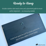 Back of custom wooden horse stall sign shown with stainless steel screws and placement guide. Text overlay reads “Ready to Hang” with details: installs flush against the wall for a secure, polished fit, ideal for barns, stables, or home display.