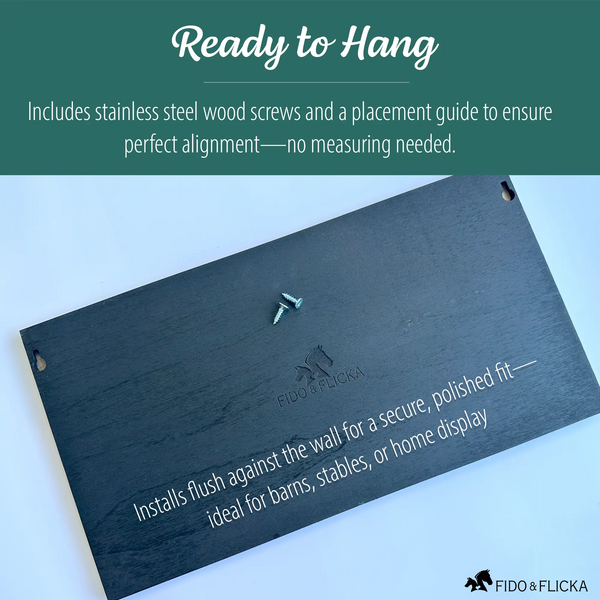 Back of custom wooden horse stall sign shown with stainless steel screws and placement guide. Text overlay reads “Ready to Hang” with details: installs flush against the wall for a secure, polished fit, ideal for barns, stables, or home display.
