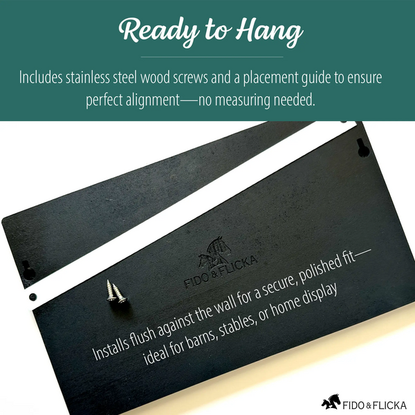 Back of custom wooden horse stall sign shown with stainless steel screws and placement guide. Text overlay reads “Ready to Hang” with details: installs flush against the wall for a secure, polished fit, ideal for barns, stables, or home display.
