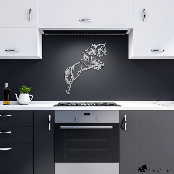 sliver metal show jumping horse in dark modern kitchen
