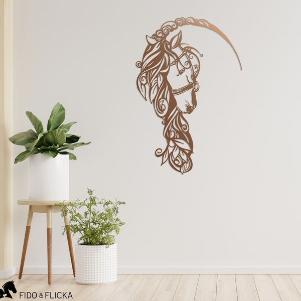 Copper horse head metal decor with flowing mane