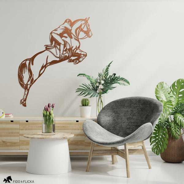 copper show jumping horse and rider metal wall art