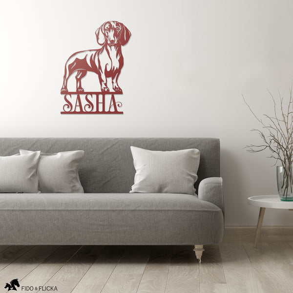 red dachshund metal wall decor sign in living room