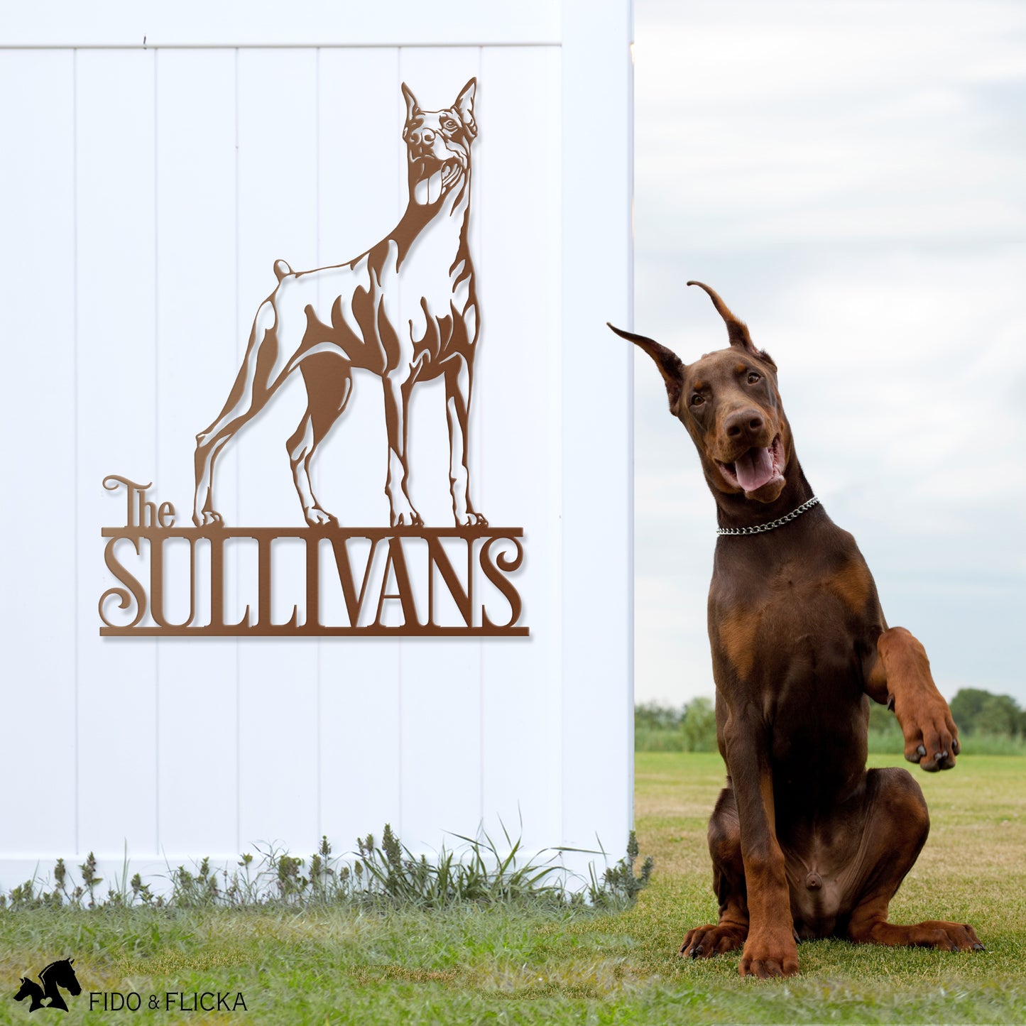 Doberman Pinscher Metal Art Elevated Floor Stand Dog Feeder