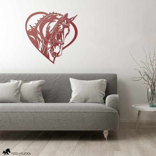 red dressage horse metal wall art with heart frame