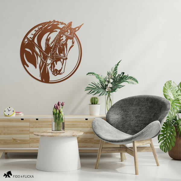 copper dressage horse metal wall decor inliving room