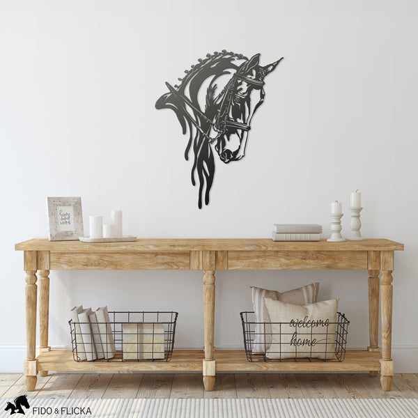 dressage horse metal wall art decor in entry way