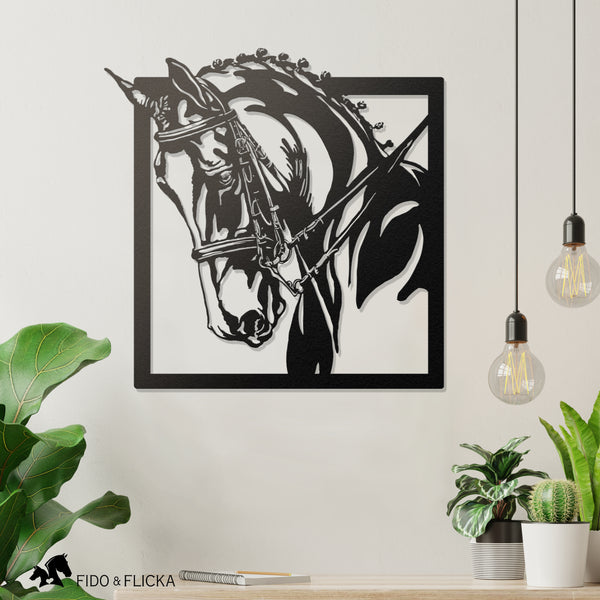 dressage horse head metal wall art over shelf