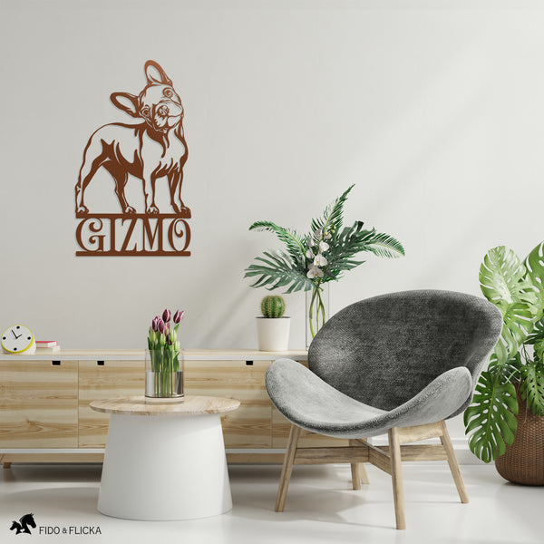 frenchie personalized copper metal sign in living room