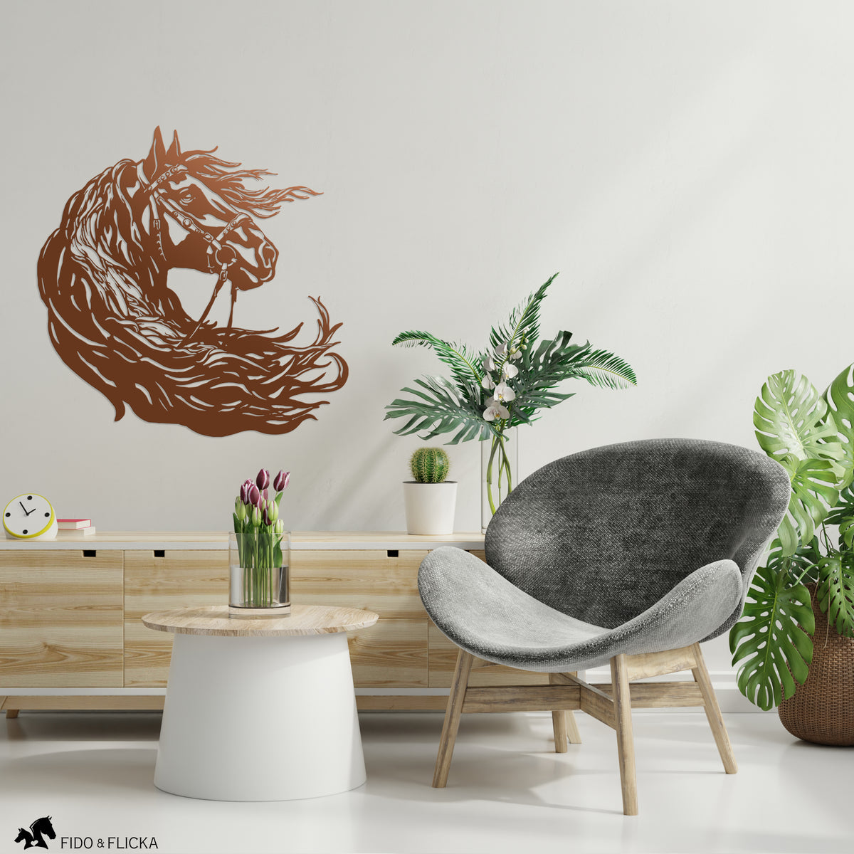 Copper Friesian metal wall art in living room