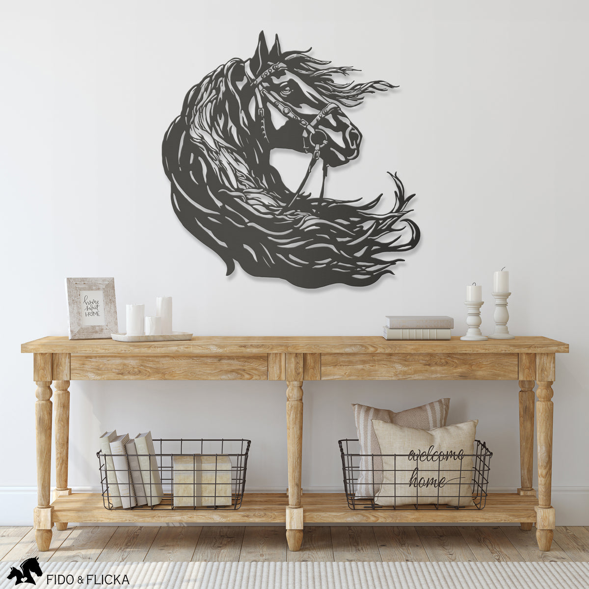 Friesian horse metal wall art in entryway