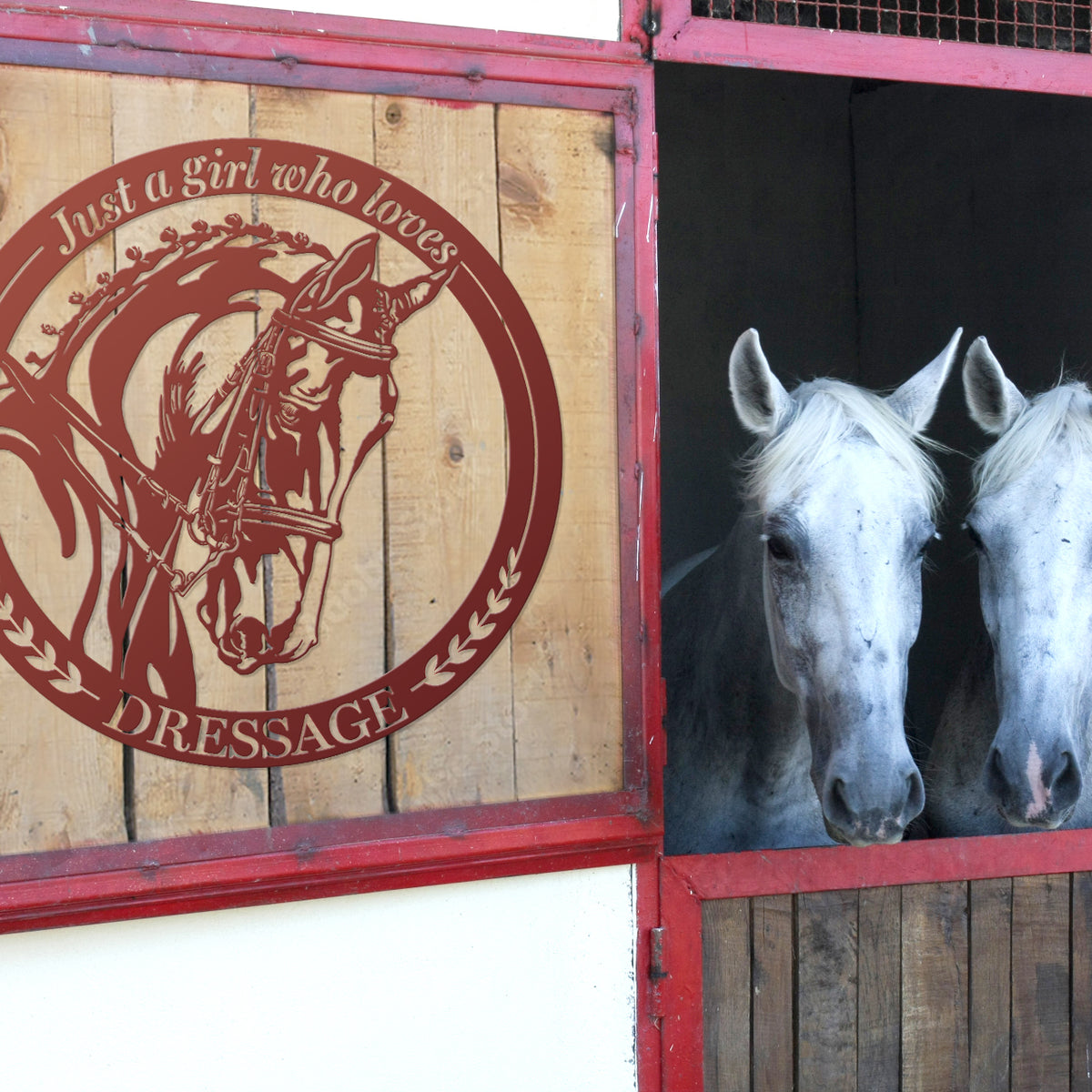 just a girl who loves dressage red metal sign on stall door